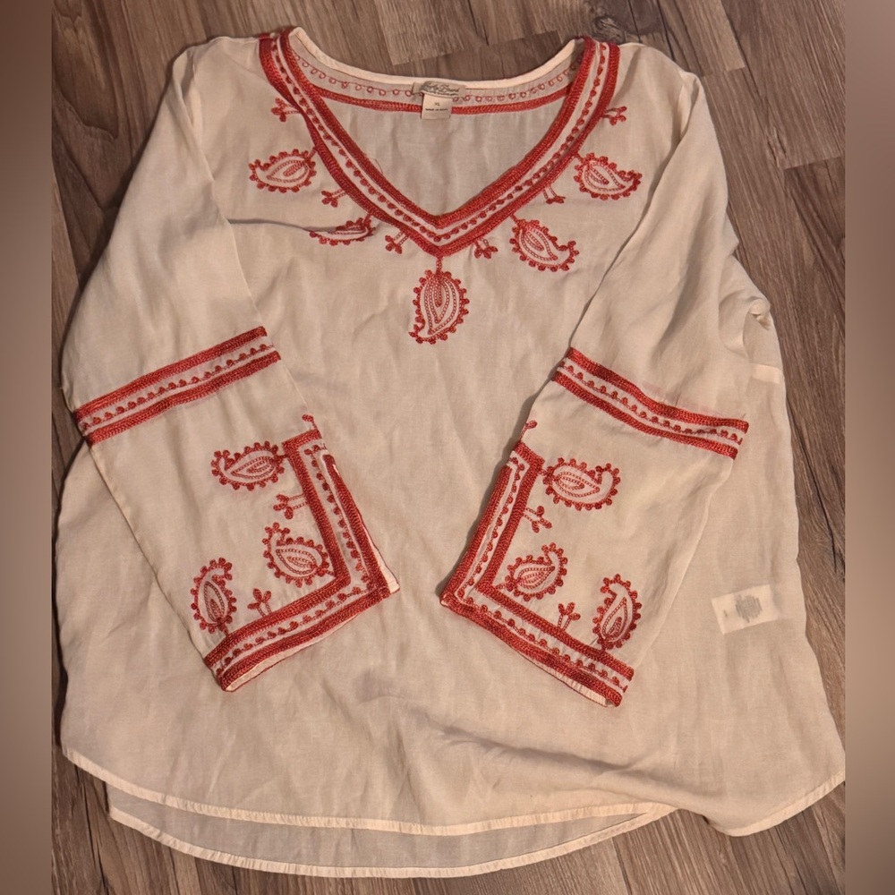 Lucky Brand Boho Peasant Embroidered Cream Pink Women's Top Shirt Tunic XL